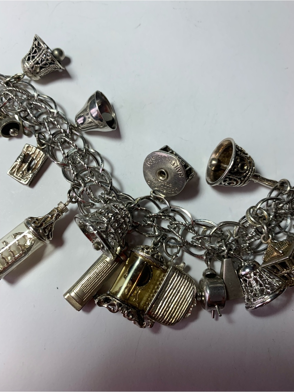 intage Sterling Silver Loaded Multi-Charm Bracelet Mid-Century Novelty & Travel